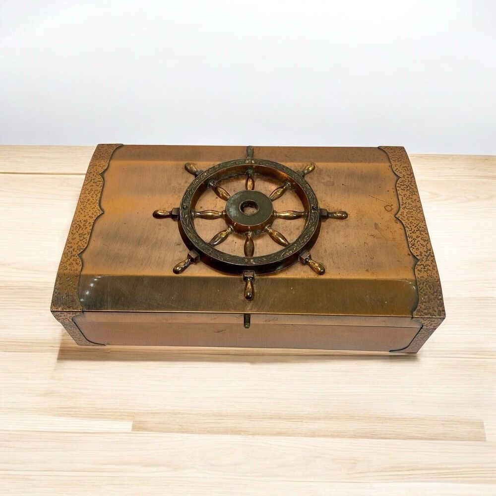 Vintage Jewelry Organizer Nautical Felt Lined Marusho Japanese Copper Box